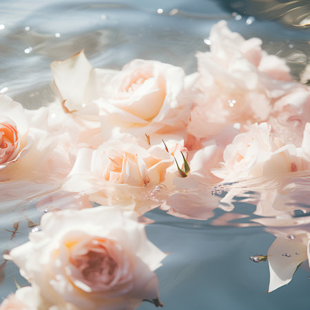 White roses floating on water surface. Romantic floral background. Soft focus.の素材