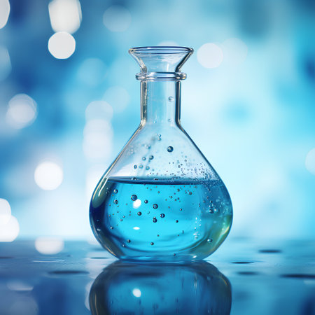 Laboratory glassware with blue liquid on blue bokeh backgroundの素材