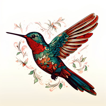 Hummingbird with floral ornament. Hand drawn vector illustration in vintage style.の素材