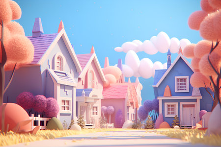 3d render of cartoon village with houses, trees and clouds.の素材