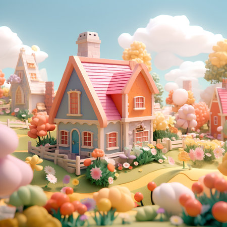 3d illustration of a small village surrounded by flowers, houses and balloonsの素材