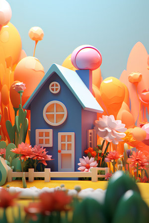 3d render of cute cartoon house with flowers and clouds in the backgroundの素材