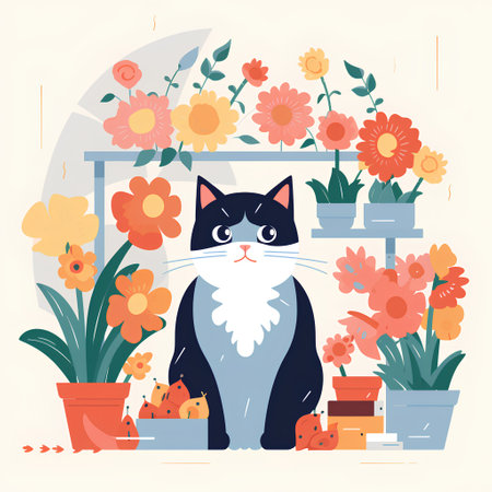 Flower shop. Cute cat sitting in flower shop. Vector illustrationの素材