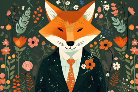 Cute fox in a suit and tie with flowers. Vector illustration.の素材