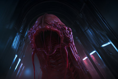 3d rendering of abstract human body in futuristic space with glowing lightsの素材