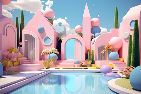 3D render of a fantasy fantasy house with a garden and a fountainの素材