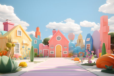3d render of a small town with colorful houses in the backgroundの素材