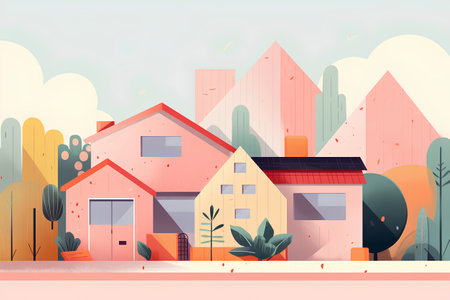 City landscape with house and trees. Vector illustration in flat style.の素材
