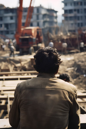Rear view of a man standing in front of a construction siteの素材