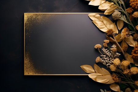 Black background with golden frame and dried flowers. 3d render.の素材