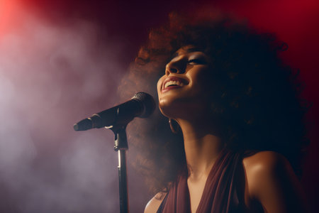 Beautiful afro woman singing into a microphone on a dark backgroundの素材