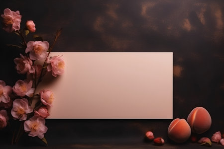 Blank card with peach blossom and peaches on dark backgroundの素材