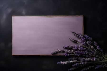 Blank chalkboard with lavender bouquet on black background.の素材