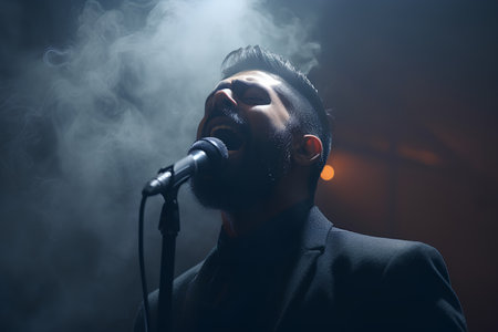 Portrait of a man singing into a microphone on a dark backgroundの素材