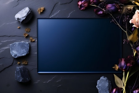 Black marble background with blue frame and flowers. Top view with copy spaceの素材