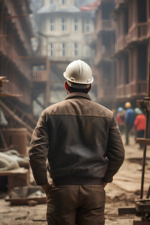Back view of a construction worker standing in front of a building siteの素材