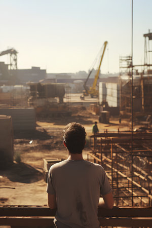 Rear view of a young man standing on the background of a construction siteの素材