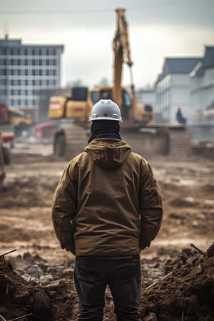 Back view of a construction worker standing in front of a building siteの素材