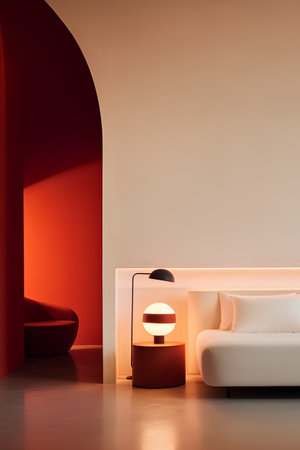 Interior of modern living room with red walls, concrete floor, comfortable sofa and lamp. 3d renderの素材