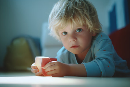 Portrait of a cute little boy playing with cup at home.の素材