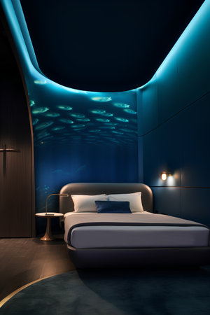 Interior of modern bedroom with blue walls, concrete floor, comfortable king size bed and illuminated window. 3d renderingの素材