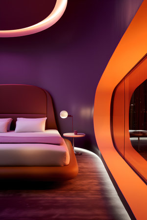 Interior of a modern bedroom with orange walls, carpet and a bed. 3d renderingの素材