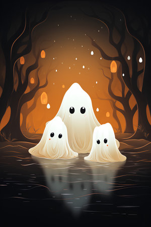 Ghosts in the night forest. Halloween card. Vector illustration.の素材