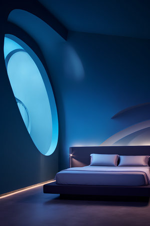 Interior of modern bedroom with blue walls, concrete floor, comfortable king size bed and luminous lamps. 3d renderingの素材