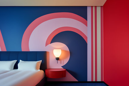 Interior of a bedroom with a blue wall and a red bed. 3d renderingの素材