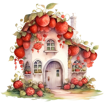 Watercolor illustration of a house with strawberries. Illustration on white background.の素材