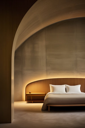 Interior of modern bedroom with wooden walls, concrete floor and comfortable king size bed. 3d renderingの素材