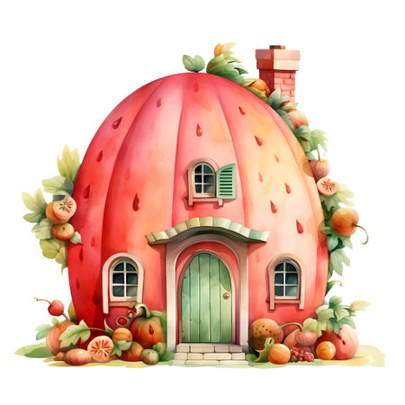 Watercolor illustration of a cute house made of pumpkins and applesの素材