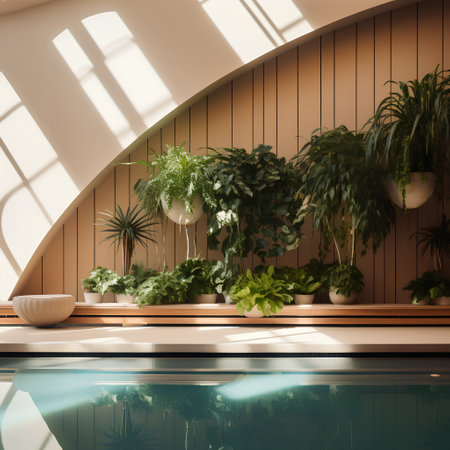 Interior of a swimming pool with green plants. 3d renderingの素材
