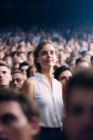 Crowd of people at the concert hall, focus on the womanの素材