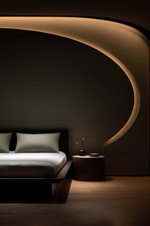 3d rendering of a modern bedroom with a black wall and a wooden floorの素材