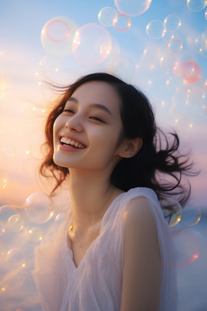 Beautiful asian woman with flying soap bubbles on sunset sky backgroundの素材