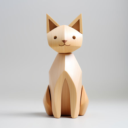 Wooden cat isolated on white background. 3D rendering illustration.の素材