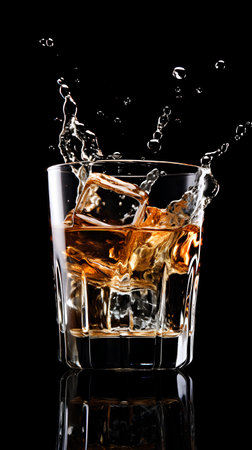 whiskey with ice cubes on a black background with a splashの素材