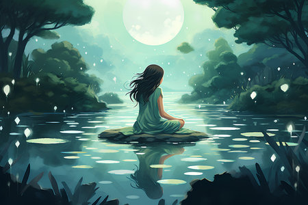 Beautiful girl in a green dress sitting on the stone in the lake.の素材