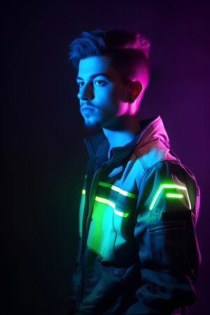 Portrait of a young man in neon light. Studio shot.の素材