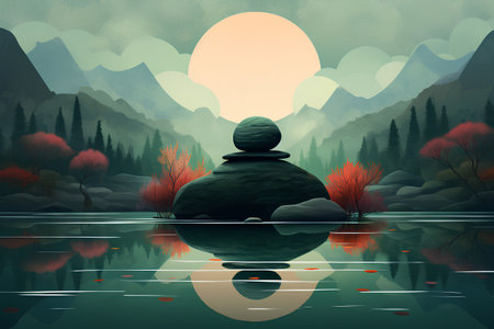 Autumn landscape with lake, mountain and forest. Vector illustration.の素材