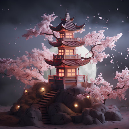 Chinese temple with cherry blossoms and full moon, 3d renderの素材
