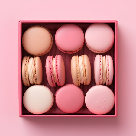 Colorful macaroons in pink box on pink background, top viewの素材