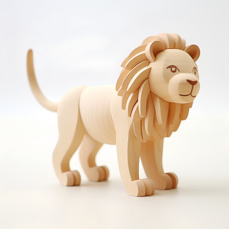 Wooden lion isolated on white background. 3D illustration. Vintage style.の素材