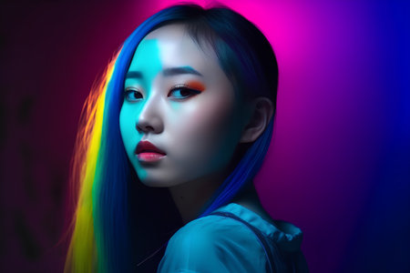 Fashion portrait of beautiful asian woman with bright colorful makeup.の素材