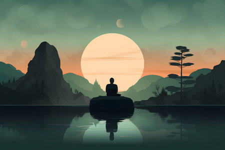 Beautiful landscape with a Buddha statue in the lake. Vector illustration.の素材