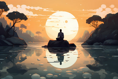 Man sitting on the rock in the river at sunset. Vector illustrationの素材
