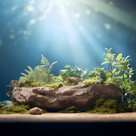 Miniature garden with plants on wooden table with sunlight and bokeh backgroundの素材