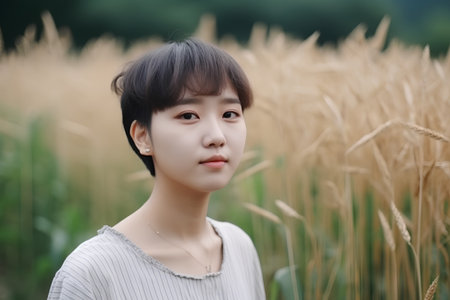 young asian woman in wheat field (shallow DOF; color toned image)の素材