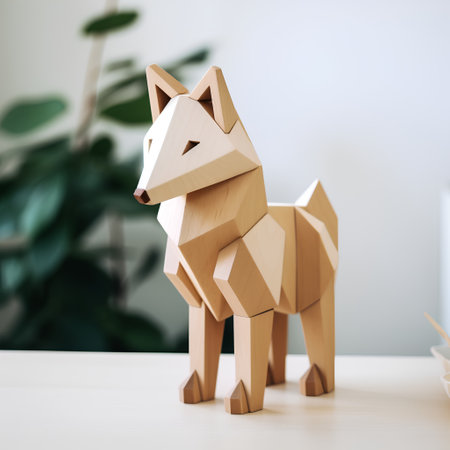 Wooden fox figurine on a table in a room with plantsの素材
